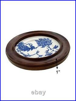 Fitz Floyd Foo Dog Design on Blue and White Plate in Wood Frame Vintage Decor