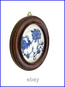 Fitz Floyd Foo Dog Design on Blue and White Plate in Wood Frame Vintage Decor