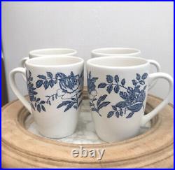 Floral Churchill Coffee mugs 4 Peony Delft Blue White Roses Vitrified? Ceramic