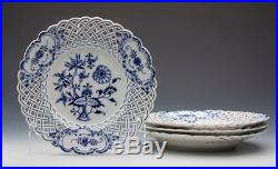 Four Antique Meissen Blue & White Onion Pattern Pierced Plates 19th C