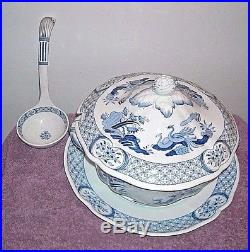 Furnivals Rare Old Chelsea Blue And White Soup Tureen, Ladle & Under Plate