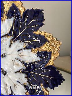 GORGEOUS Antique 19C MEISSEN Cobalt Blue Gold Gilt White Maple Leaf Plate 8 3/4