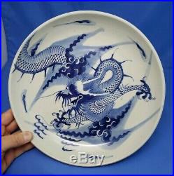 Great Chinese Blue White Large Flying Dragon Porcelain Plate