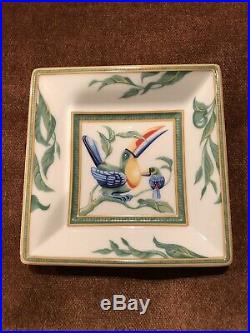 HERMES Porcelain Toucans Birds Small 5 Square Plate Tray Dish White Green Blue