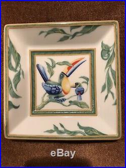 HERMES Porcelain Toucans Birds Small 5 Square Plate Tray Dish White Green Blue