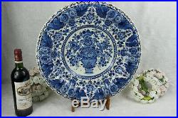 HUGE Delft blue white pottery Birds floral decor ceramic plate marked rare