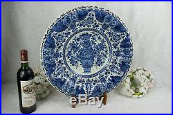 HUGE Delft blue white pottery Birds floral decor ceramic plate marked rare