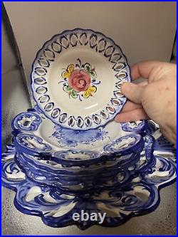 Hand Painted, Dishes, Portugal, Set 6, Vestal Alcobach, Blue, White