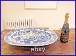 Huge Antique Victorian Meat Platter Willow Pattern Blue White Dish Plate Oxford