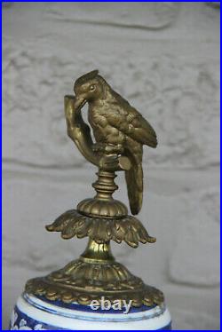 Huge Delft blue white pottery bird clock ram heads bronze ornaments rare