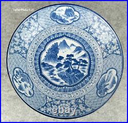 Important SIGNED Antique Japanese Blue White Scene Porcelain Imari CHARGER Plate