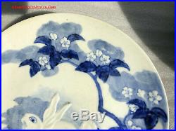 Japanese Arita Hirado Style Blue & White Porcelain Plate Charger Moon Hares