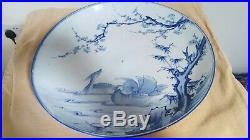 Japanese Charger xtra large 19th century hand decorated blue white ducks ceramic
