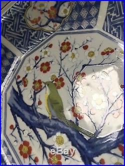 Japanese Hand Painted Serving Porcelain Plate Bird Asian blue white Nest Signed