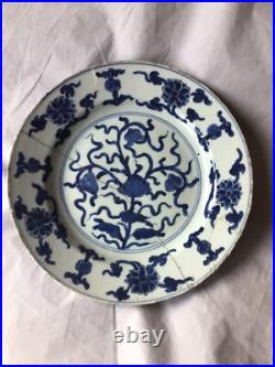 Kangxi 27cm Lotus pond Blue & White plate with rare Auspicious mark in SQUARE