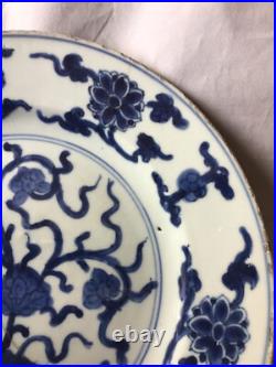 Kangxi 27cm Lotus pond Blue & White plate with rare Auspicious mark in SQUARE