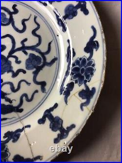 Kangxi 27cm Lotus pond Blue & White plate with rare Auspicious mark in SQUARE