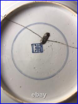 Kangxi 27cm Lotus pond Blue & White plate with rare Auspicious mark in SQUARE