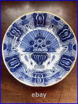 Large 18th Century Dutch Delft Handpainted Blue & White Charger Plate Flowers