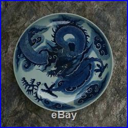 Large Antique Blue & White Porcelain Plate Hand-Painting of Flying Dragon