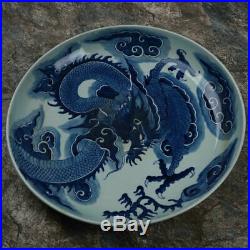 Large Antique Blue & White Porcelain Plate Hand-Painting of Flying Dragon