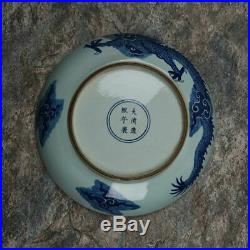 Large Antique Blue & White Porcelain Plate Hand-Painting of Flying Dragon