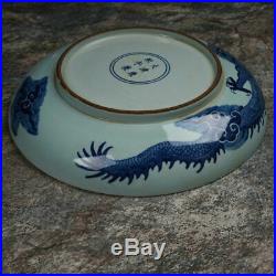 Large Antique Blue & White Porcelain Plate Hand-Painting of Flying Dragon