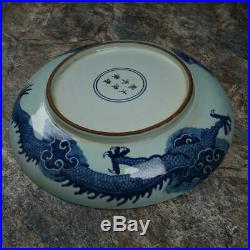 Large Antique Blue & White Porcelain Plate Hand-Painting of Flying Dragon