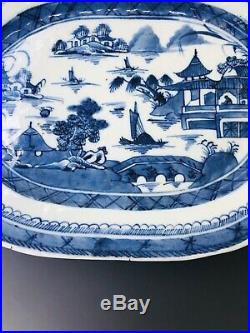 Large Chinese Antique 18th C Blue And White Platter Plate Meat Dish Canton