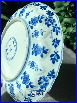 Large Chinese blue and white lobed plate with Kangxi mark, Kangxi Period