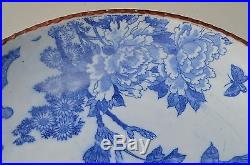 (Large) Japadese Antique Blue And White Plate 1800 S Butterfly Bird Peony Mark