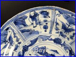 Large Rare Chinese Blue White Kraak Figural Saucer Dish Ming Wanli 1571 1619