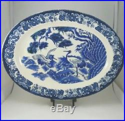 Large Vintage Blue White Cranes Platter Asian Landscape Pottery Chinese Pattern
