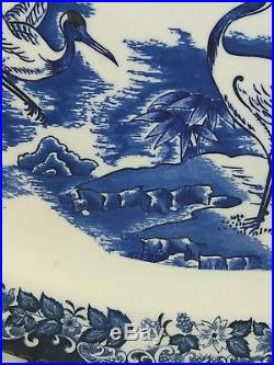 Large Vintage Blue White Cranes Platter Asian Landscape Pottery Chinese Pattern