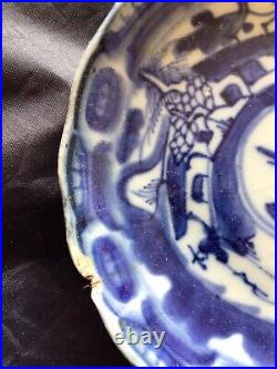 Late Ming Blue & White Phoenix and Fisherman Dish 13cm diameter