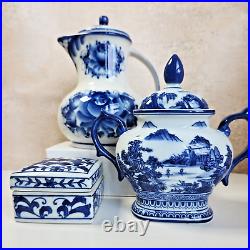 Lot of 3 Vintage Blue Willow Items Pitcher Sugar Bowl Trinket Box