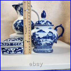 Lot of 3 Vintage Blue Willow Items Pitcher Sugar Bowl Trinket Box