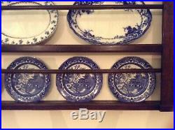 Lovely Large Antique Oak Plate Rack With Blue And White China
