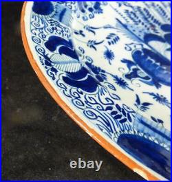 M116 Antique 18th Century Dutch Delft Peacock Pottery Blue & White Charger