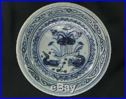 Ming Dyn. Blue & White Footed Fruit Plate! Wedding Gift with Mandarin Ducks