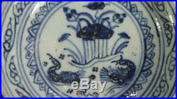 Ming Dyn. Blue & White Footed Fruit Plate! Wedding Gift with Mandarin Ducks