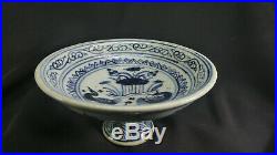 Ming Dyn. Blue & White Footed Fruit Plate! Wedding Gift with Mandarin Ducks