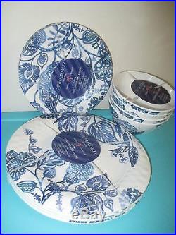 NEW Cynthia Rowley MELAMINE DINNER SALAD Plate 12 Set BOWL Blue White Floral