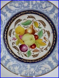 New Hall powder-blue, white-embossed plate with fruit, ca. 1820