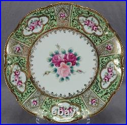Nippon Hand Painted Pink Rose Green & Vermicelli & Beaded Gold 9 3/8 Inch Plate