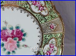 Nippon Hand Painted Pink Rose Green & Vermicelli & Beaded Gold 9 3/8 Inch Plate