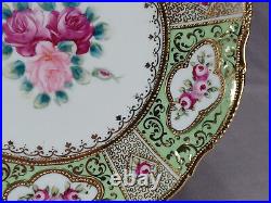 Nippon Hand Painted Pink Rose Green & Vermicelli & Beaded Gold 9 3/8 Inch Plate