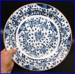 Old Antique 18th Century Dutch Delft Faience 3 Petal Flowers 13.5 Charger Plate