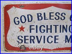 Old GOD BLESS OUR FIGHTING SERVICE MEN Vanity License Plate Red White Blue Metal