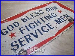 Old GOD BLESS OUR FIGHTING SERVICE MEN Vanity License Plate Red White Blue Metal